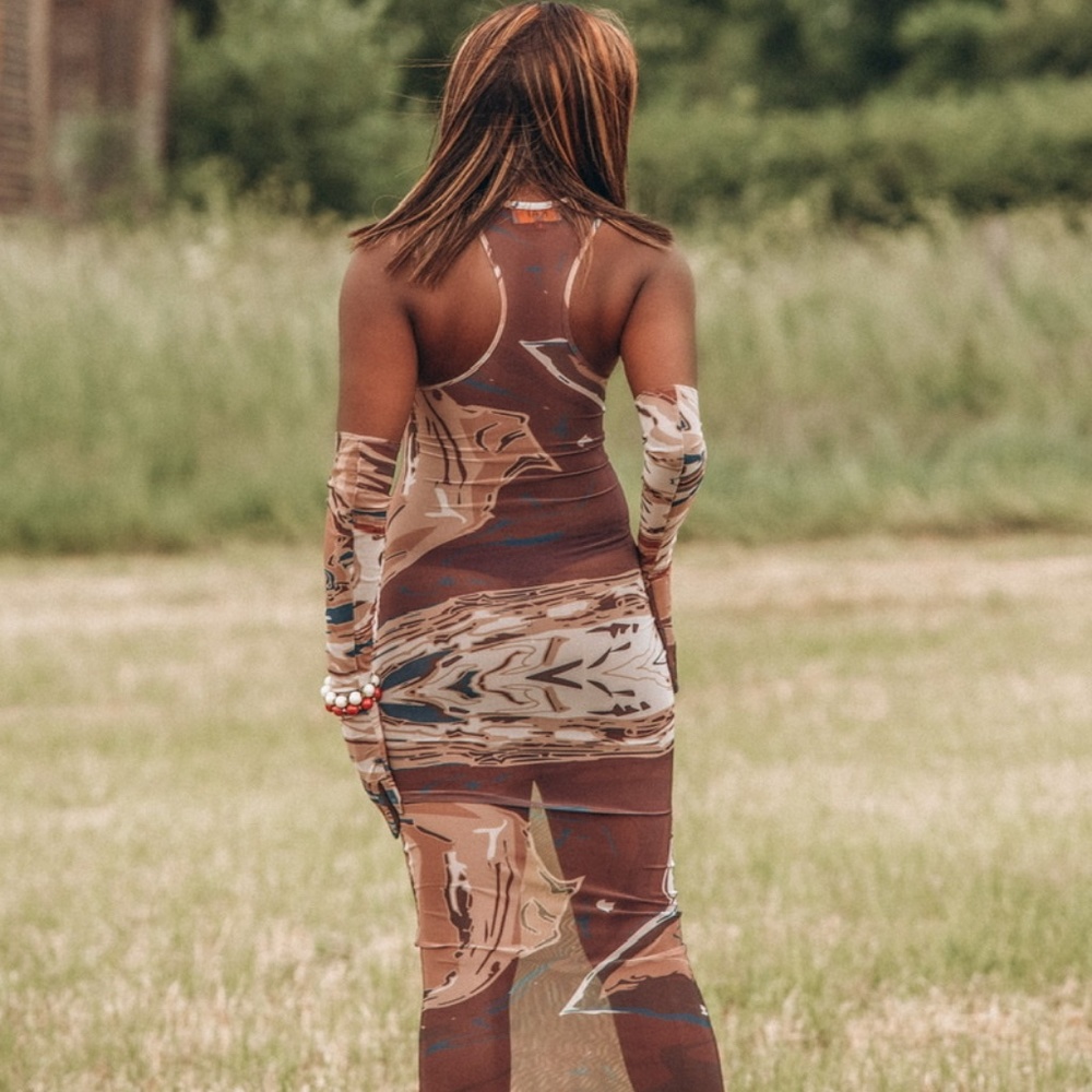 Gaia racer back printed mesh dress- Nude size Small (without gloves)